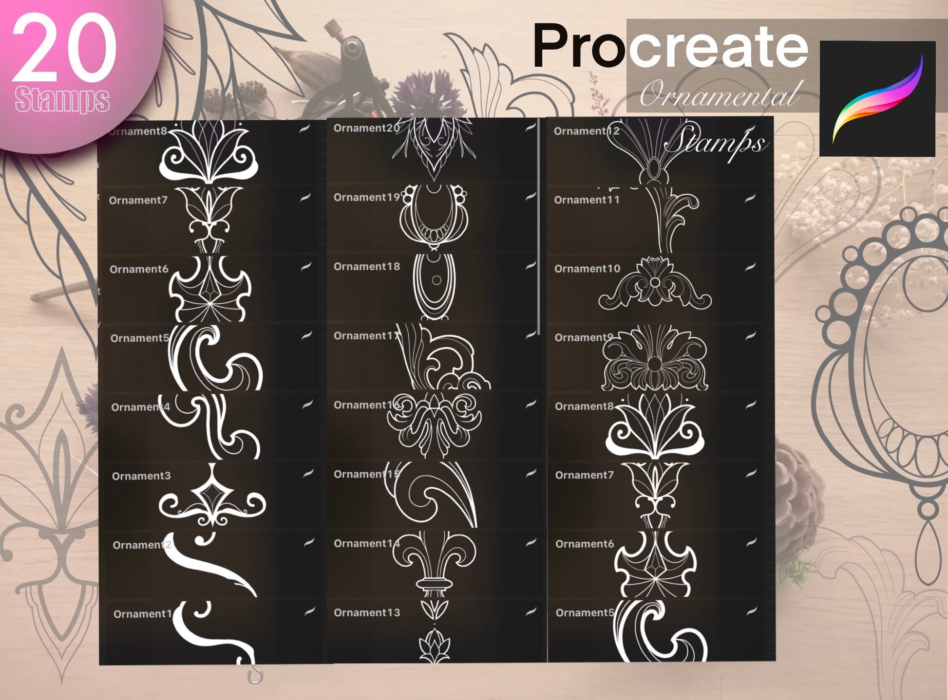 20 Procreate Ornamental decorative Stamps SUPER SET