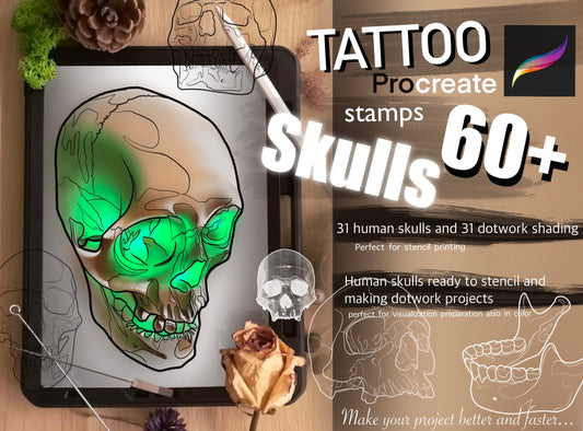 60+ Skulls stamps for Procreate GREAT !! Must have for tattooers the best to making creative designs