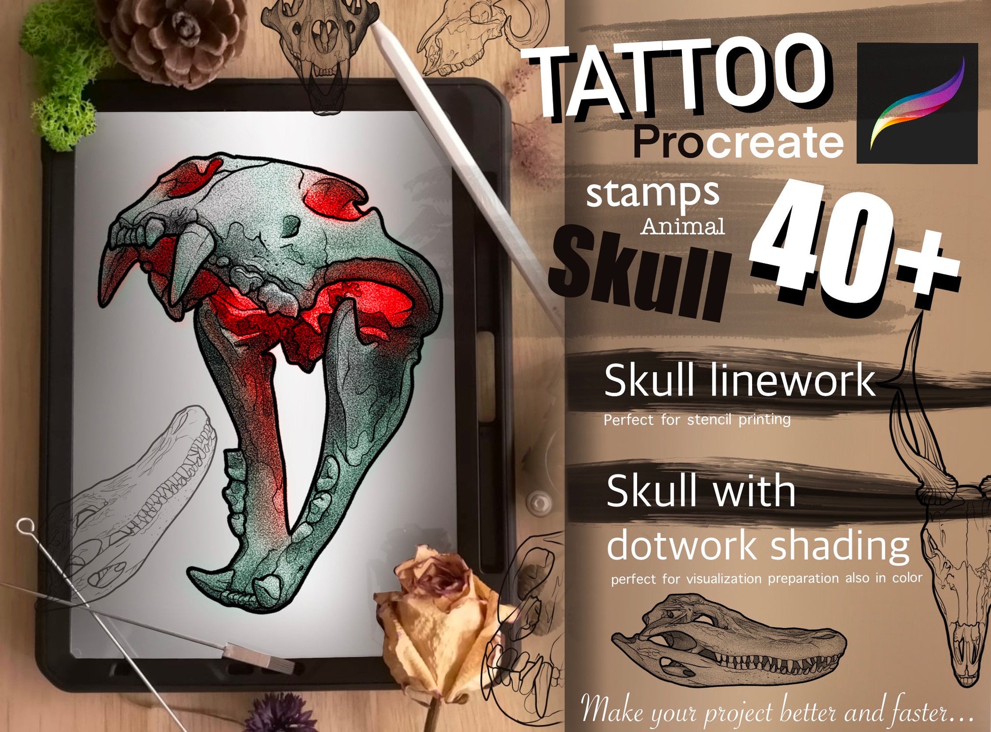 40+ Animal Skull Stamps with dotwork shading SUPER SET (21+ kind of skull)