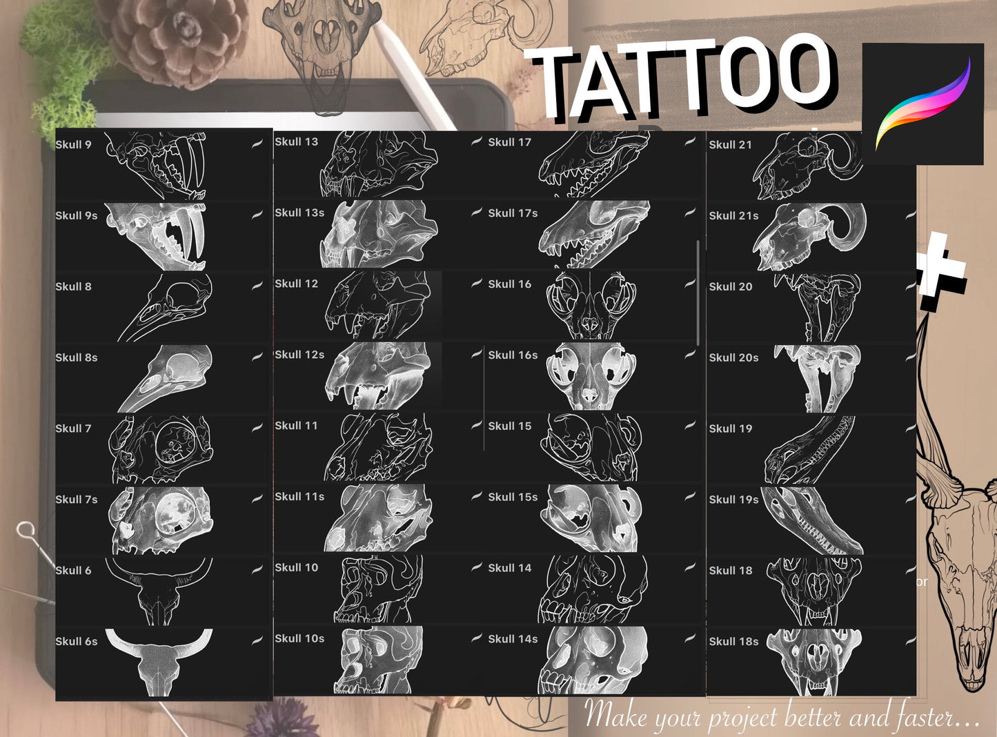 40+ Animal Skull Stamps with dotwork shading SUPER SET (21+ kind of skull)