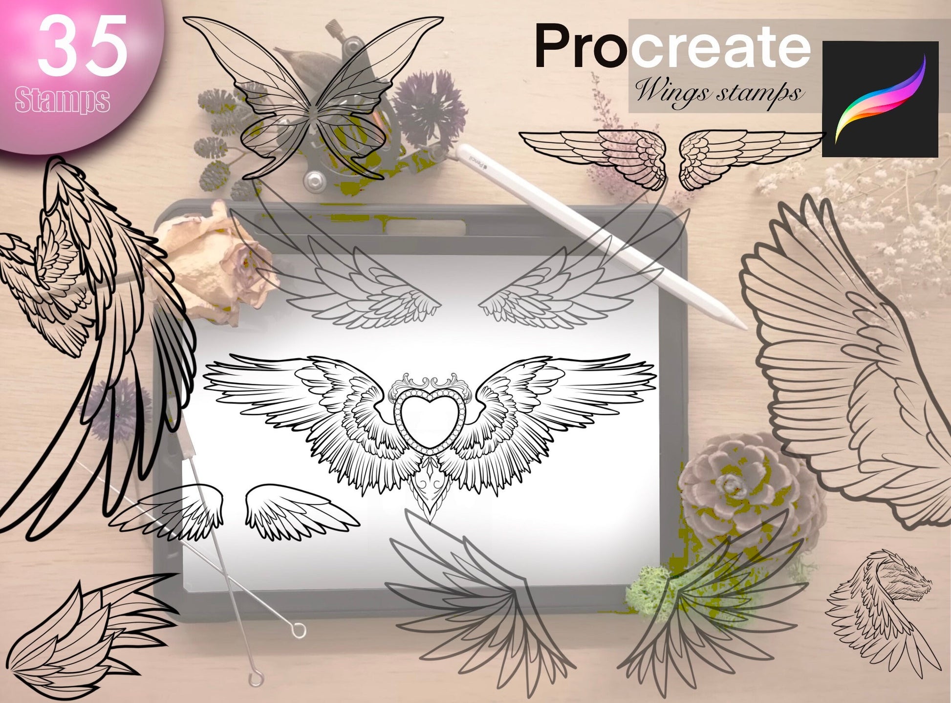 35 WINGS stamps for Procreate GREAT !! Must have for tattooers