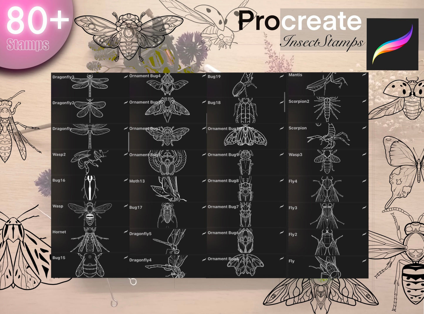 80+ Insects stamps for Procreate GREAT !! Must have for tattooers ( A lot of cool insects and)