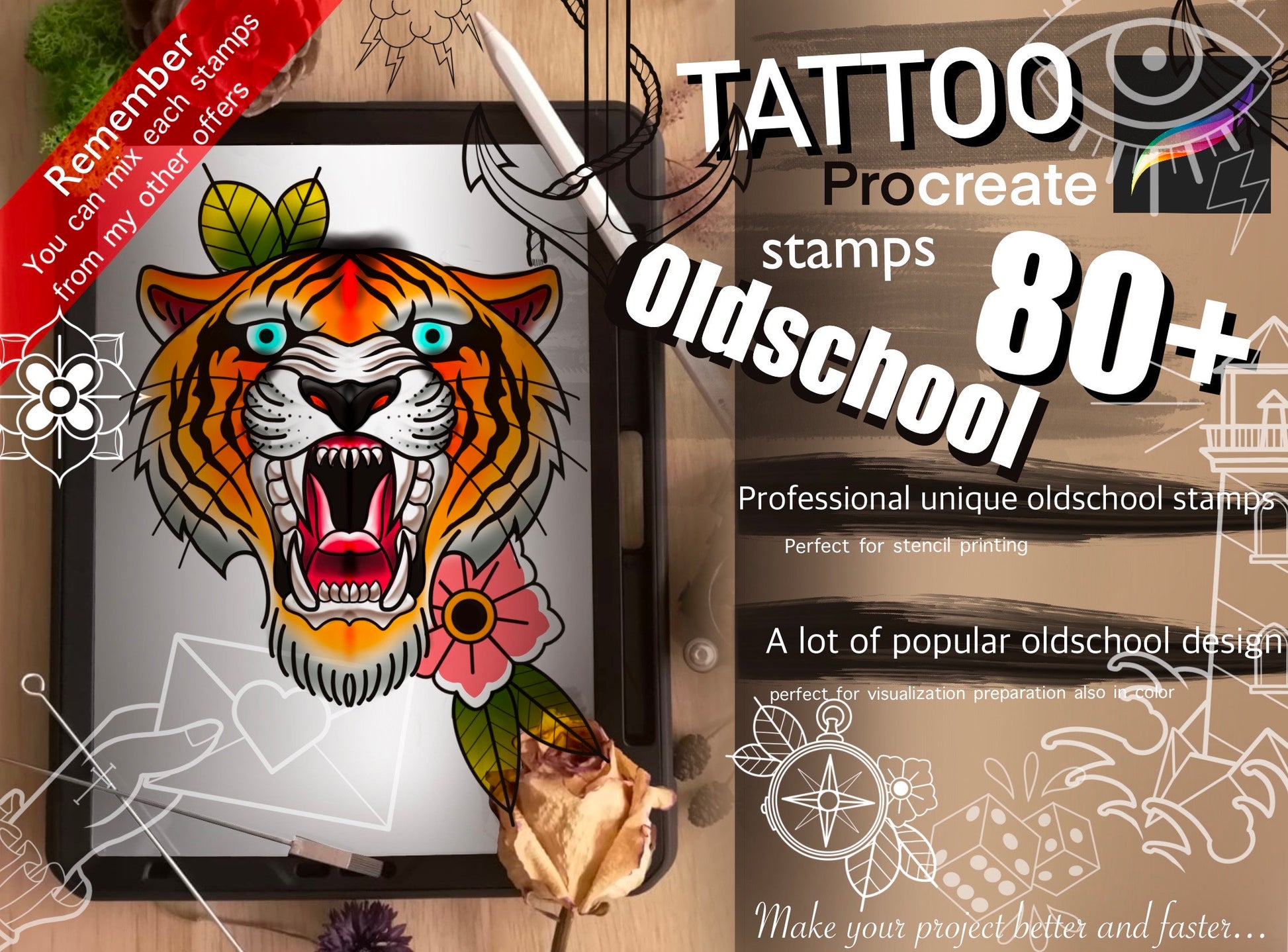 80+ Oldschool stamps for Procreate GREAT !! Must have for tattooers ( A lot of proffesional unique design of oldschool flashes)