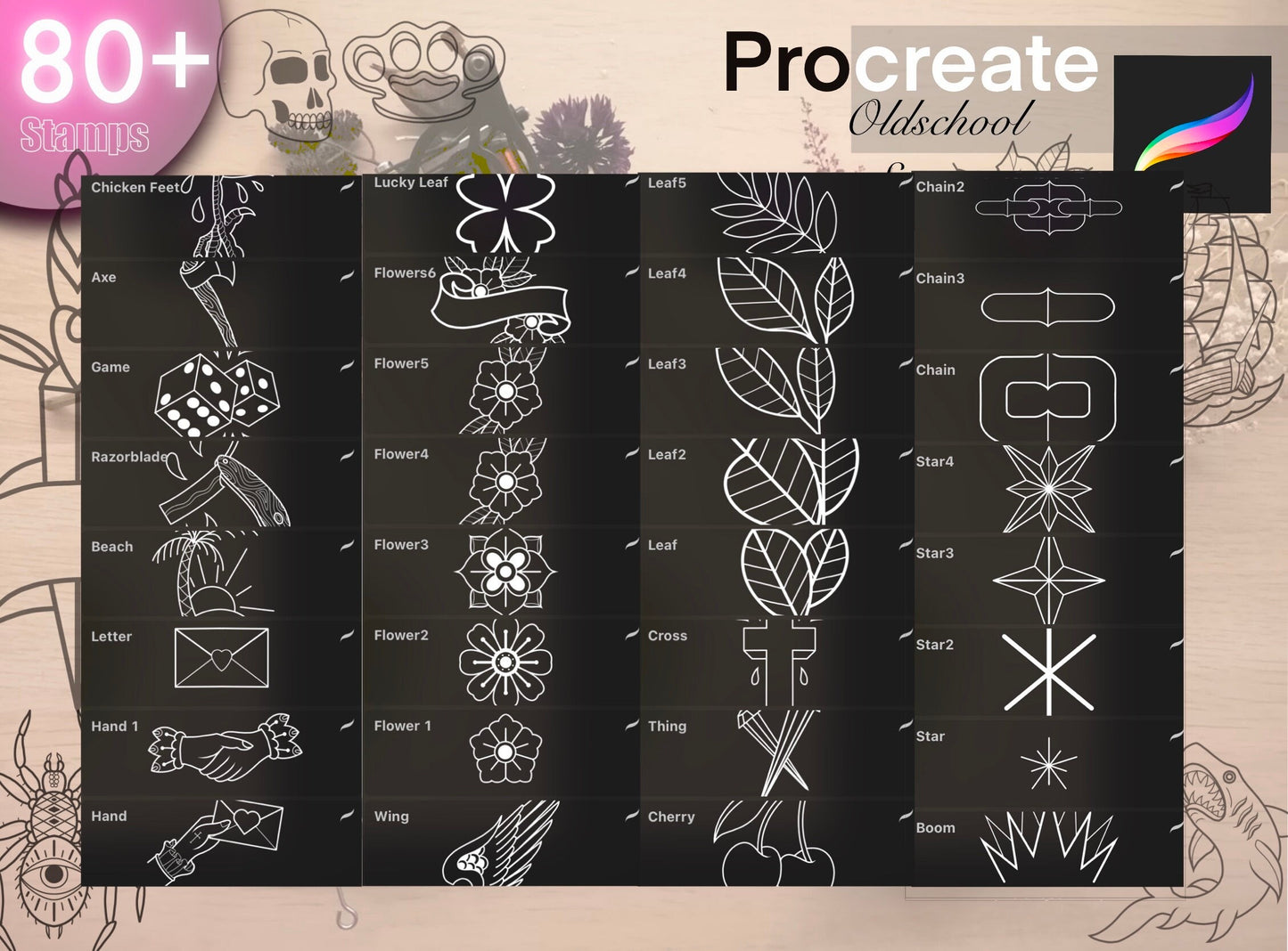 80+ Oldschool stamps for Procreate GREAT !! Must have for tattooers ( A lot of proffesional unique design of oldschool flashes)