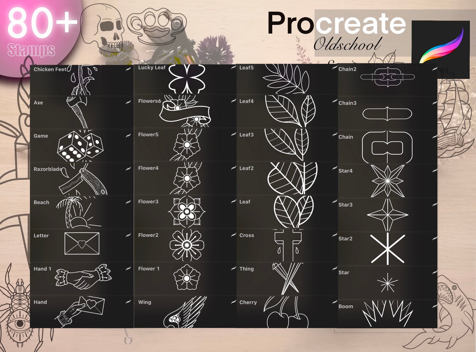 80+ Oldschool stamps for Procreate GREAT !! Must have for tattooers ( A lot of proffesional unique design of oldschool flashes)