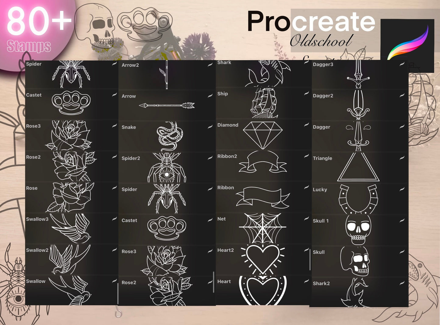 80+ Oldschool stamps for Procreate GREAT !! Must have for tattooers ( A lot of proffesional unique design of oldschool flashes)