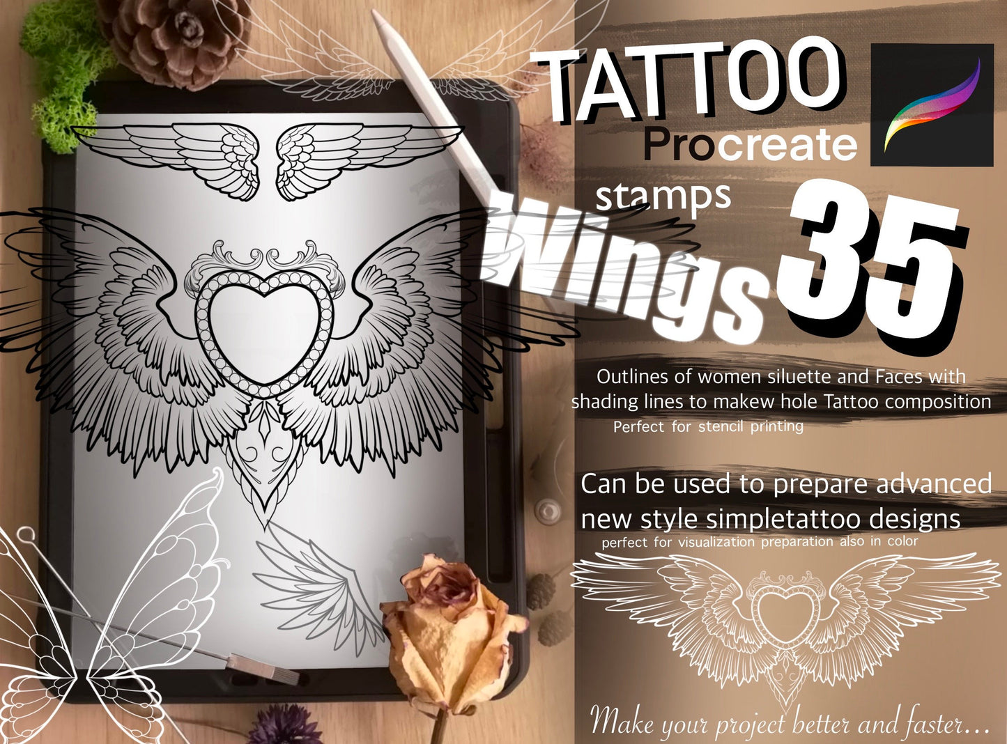 35 WINGS stamps for Procreate GREAT !! Must have for tattooers