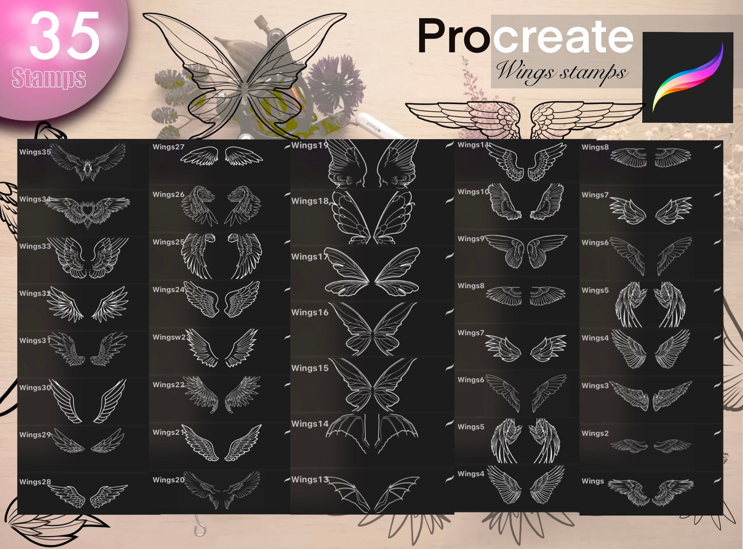 35 WINGS stamps for Procreate GREAT !! Must have for tattooers