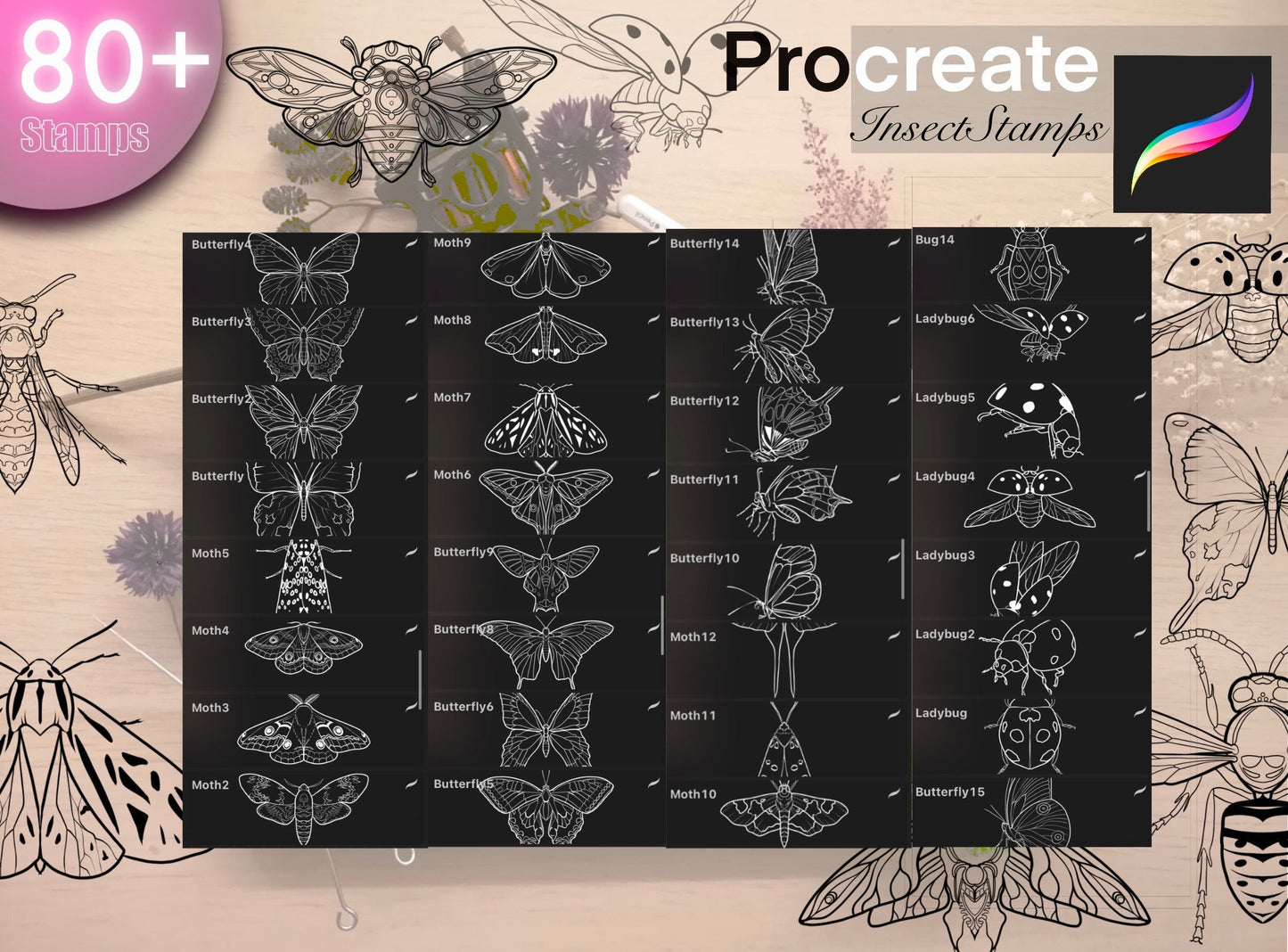 80+ Insects stamps for Procreate GREAT !! Must have for tattooers ( A lot of cool insects and)