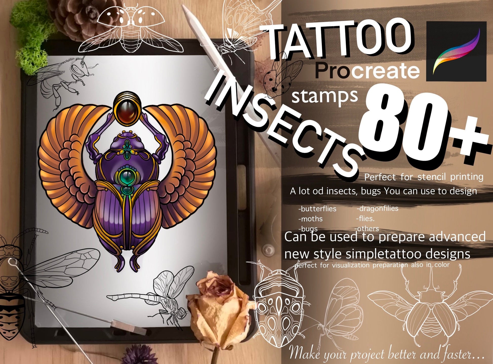 80+ Insects stamps for Procreate GREAT !! Must have for tattooers ( A lot of cool insects and)