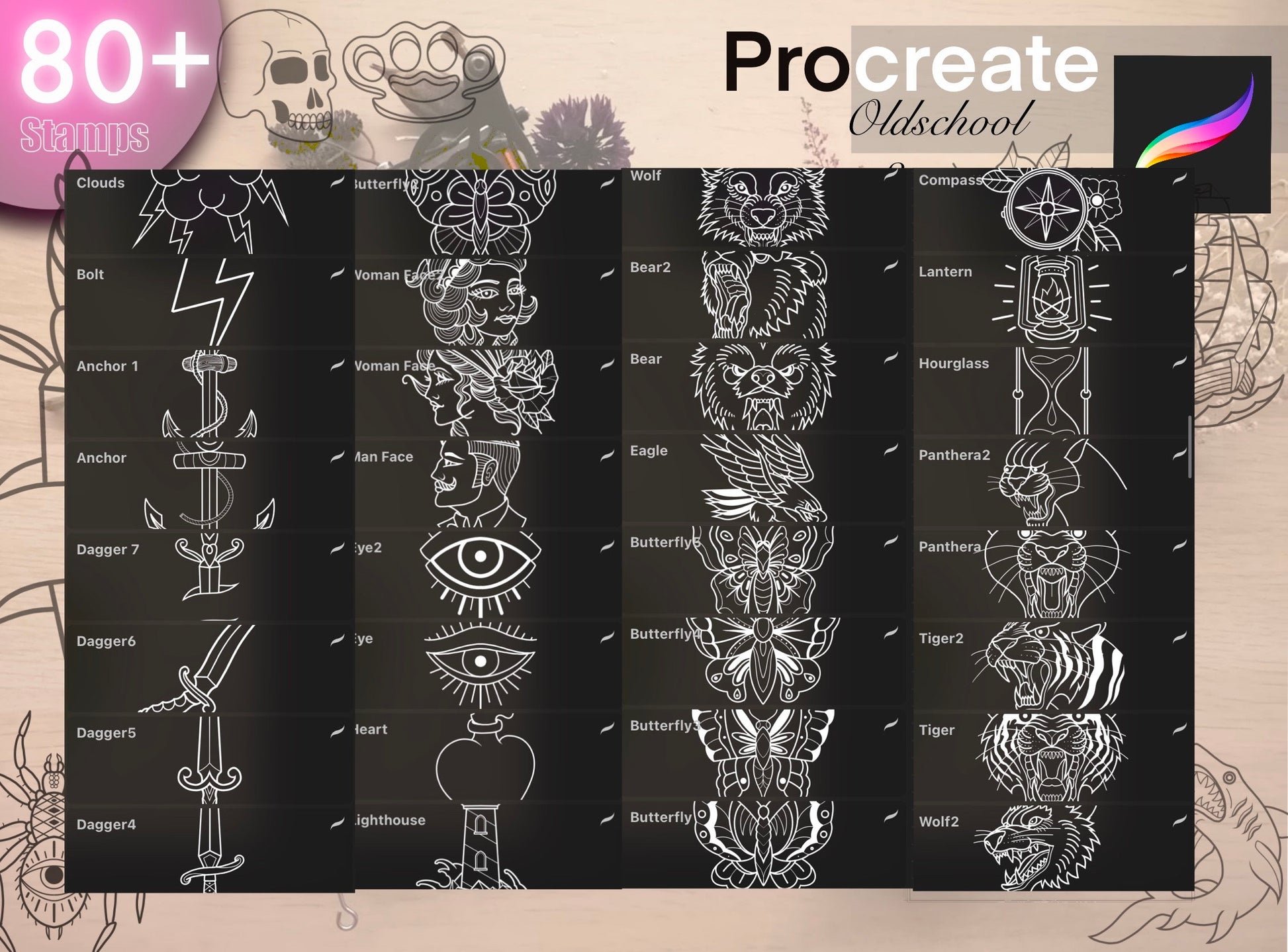 80+ Oldschool stamps for Procreate GREAT !! Must have for tattooers ( A lot of proffesional unique design of oldschool flashes)