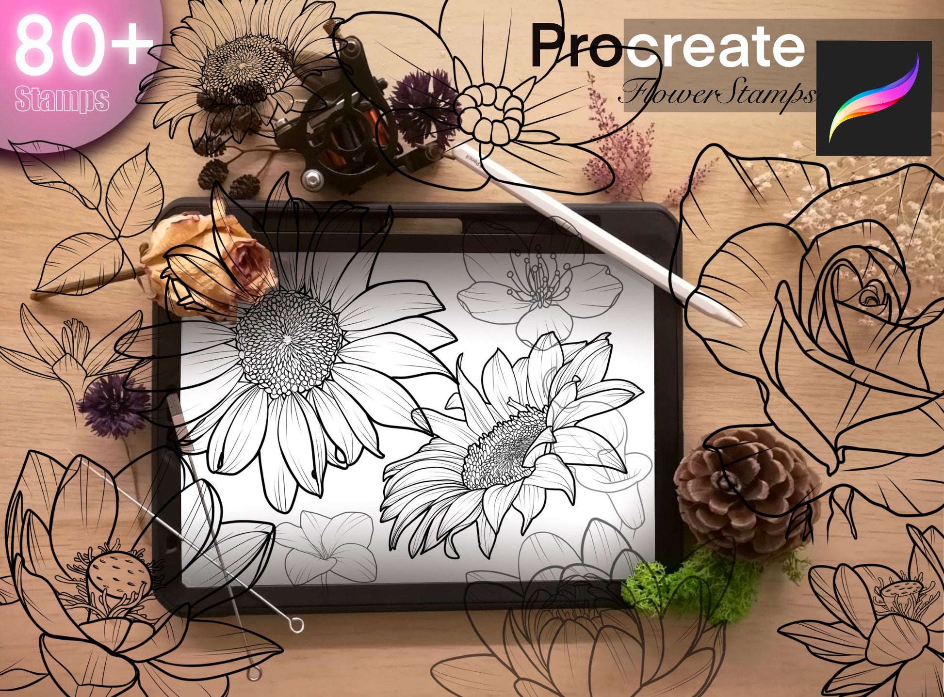 80+ Flowers stamps for Procreate TURBO Set !! Must have for tattooers ( A lot of Beautiful flowers and leafs)