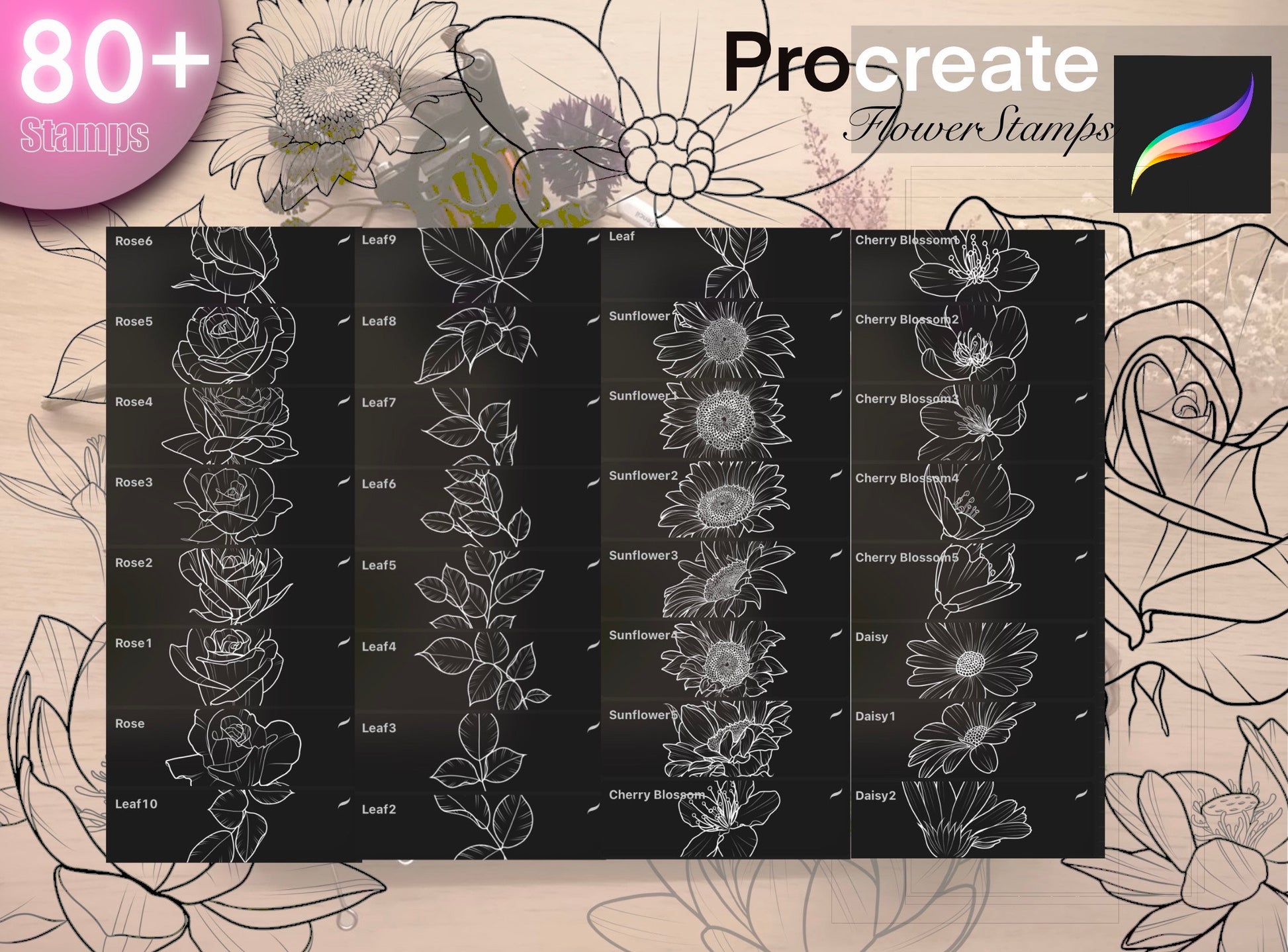 80+ Flowers stamps for Procreate TURBO Set !! Must have for tattooers ( A lot of Beautiful flowers and leafs)