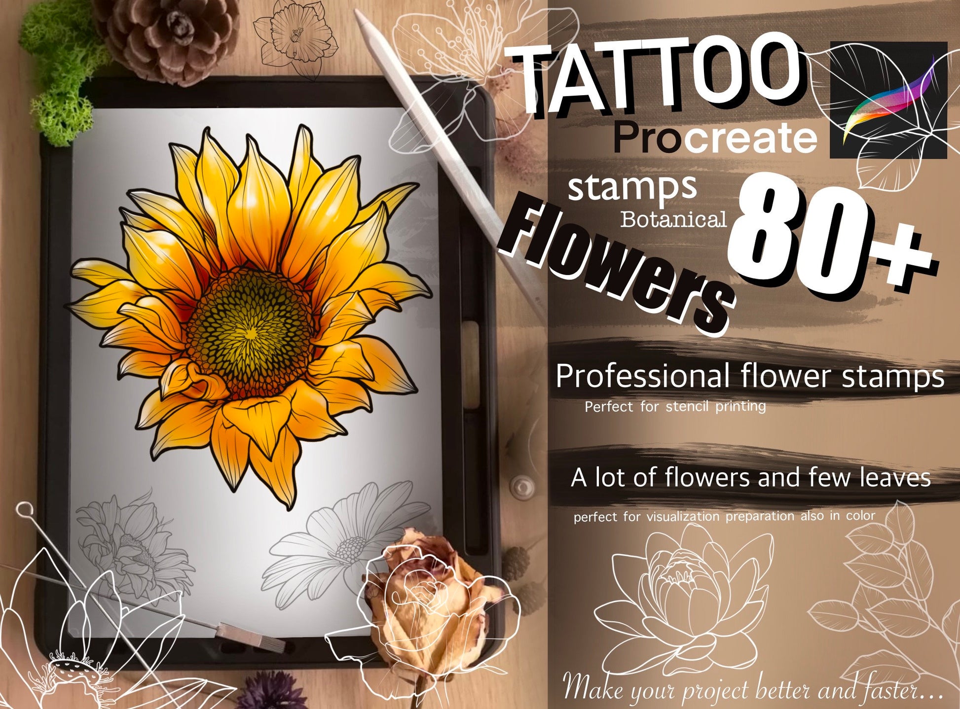 80+ Flowers stamps for Procreate TURBO Set !! Must have for tattooers ( A lot of Beautiful flowers and leafs)