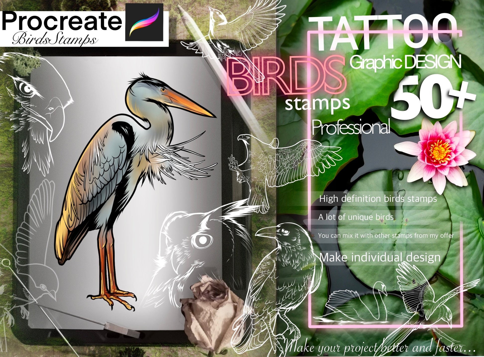 50+ Birds stamps for Procreate TURBO Set !! Must have for tattooers and designers