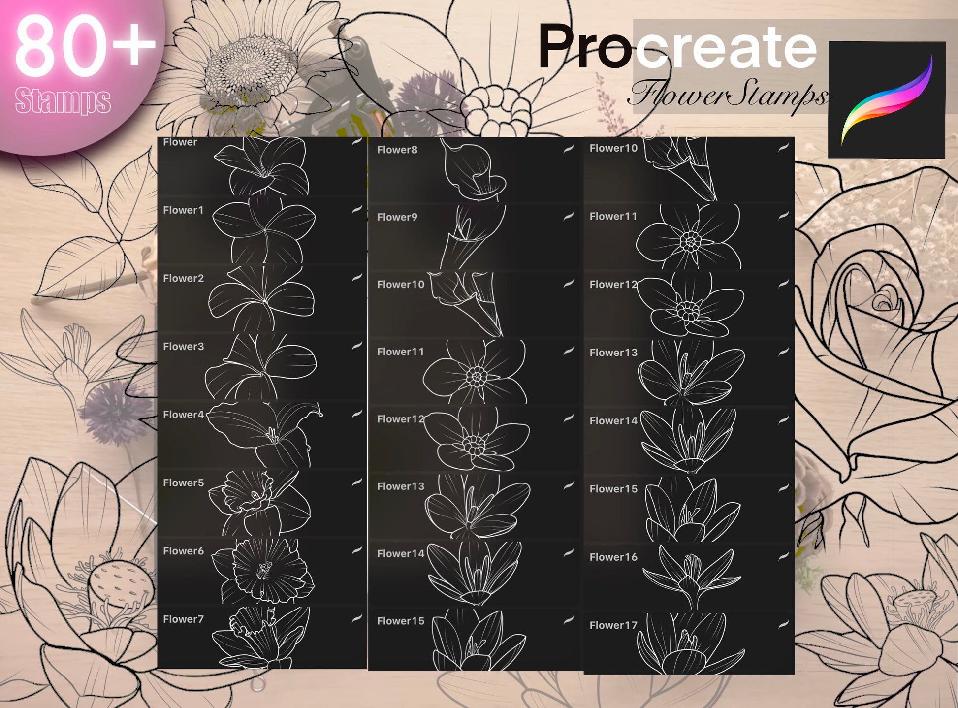 80+ Flowers stamps for Procreate TURBO Set !! Must have for tattooers ( A lot of Beautiful flowers and leafs)