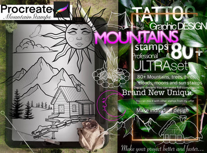 80+ Mountains Landscapes stamps for Procreate TURBO Set !! Must have for tattooers ( A lot high res Mountains, clouds, sun, moon, trees..)