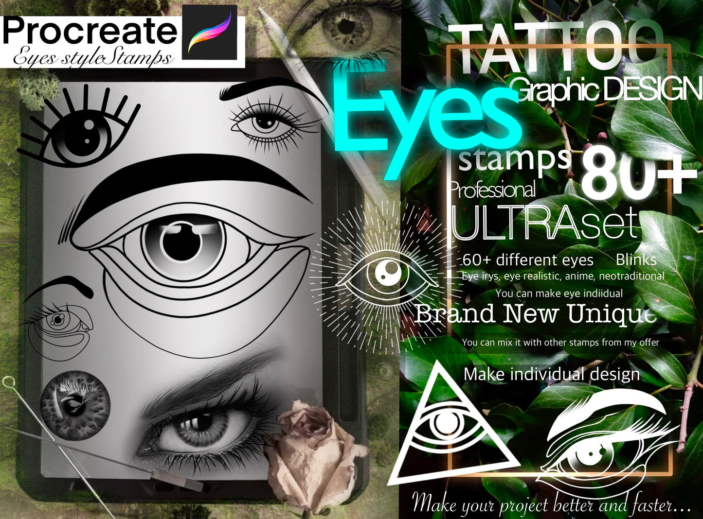 80+ Eyes for Procreate TURBO Set !! Must have for tattooers ( A lot high res Anime Eye, realistic, neotraditional, Iris, light blicks..)