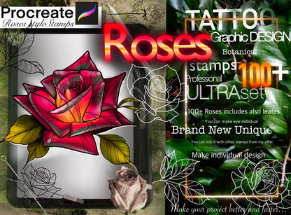 100+ ROSES stamps for Procreate TURBO Set !! Must have for tattooers ( A lot of Beautiful flowers and leafs)