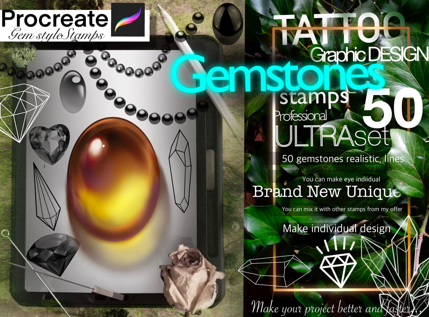 50+ Beautiful GEMstones stamps for Procreate ULTRA Set !! Must have for tattooers +2 jewellery brushes