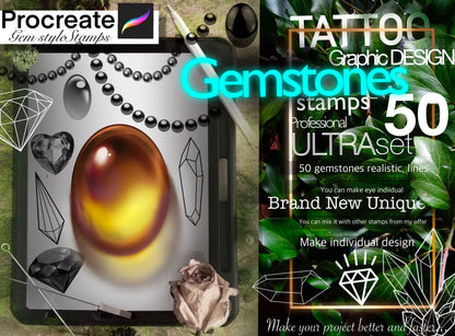 50+ Beautiful GEMstones stamps for Procreate ULTRA Set !! Must have for tattooers +2 jewellery brushes