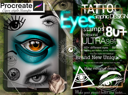 80+ Eyes for Procreate TURBO Set !! Must have for tattooers ( A lot high res Anime Eye, realistic, neotraditional, Iris, light blicks..)