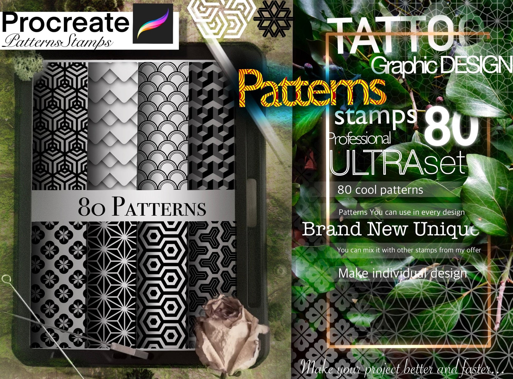 80 PATTERNS stamps for Procreate Cool Set !! Must have for tattooers and designers