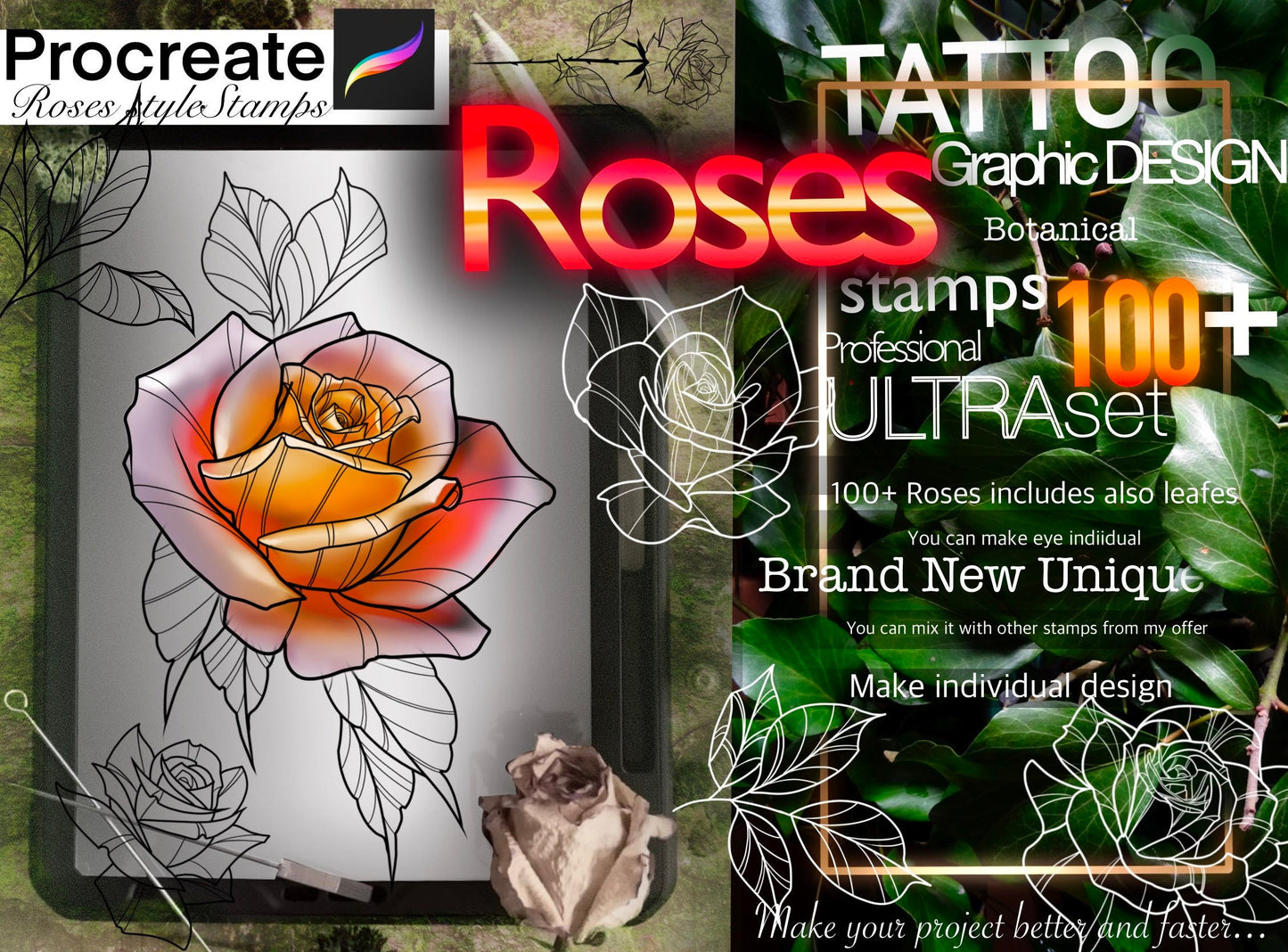 100+ ROSES stamps for Procreate TURBO Set !! Must have for tattooers ( A lot of Beautiful flowers and leafs)