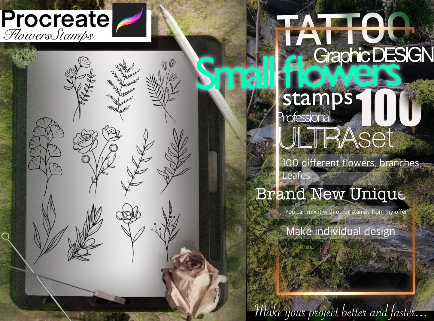 100 Small Flowers (branches, leafs) stamps for Procreate TURBO Set !! Must have for tattooers