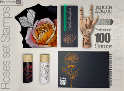 100+ ROSES stamps for Procreate TURBO Set !! Must have for tattooers ( A lot of Beautiful flowers and leafs)