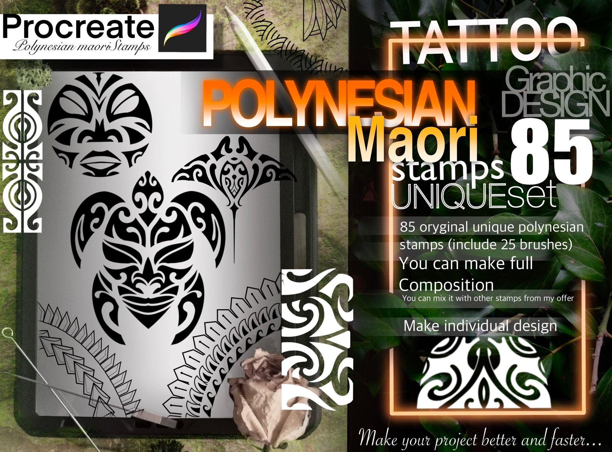 85 POLYNESIA MAORI stamps for Procreate BEST For Tattoo Designs !!!! You will love it, they make Your work Easier ! (include 25 brushes)