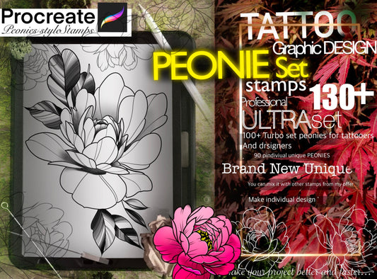 130 PEONIE stamps for Procreate THE BEST Set !! Must have for tattooers ( A lot of Beautiful 90 flowers and leafs)