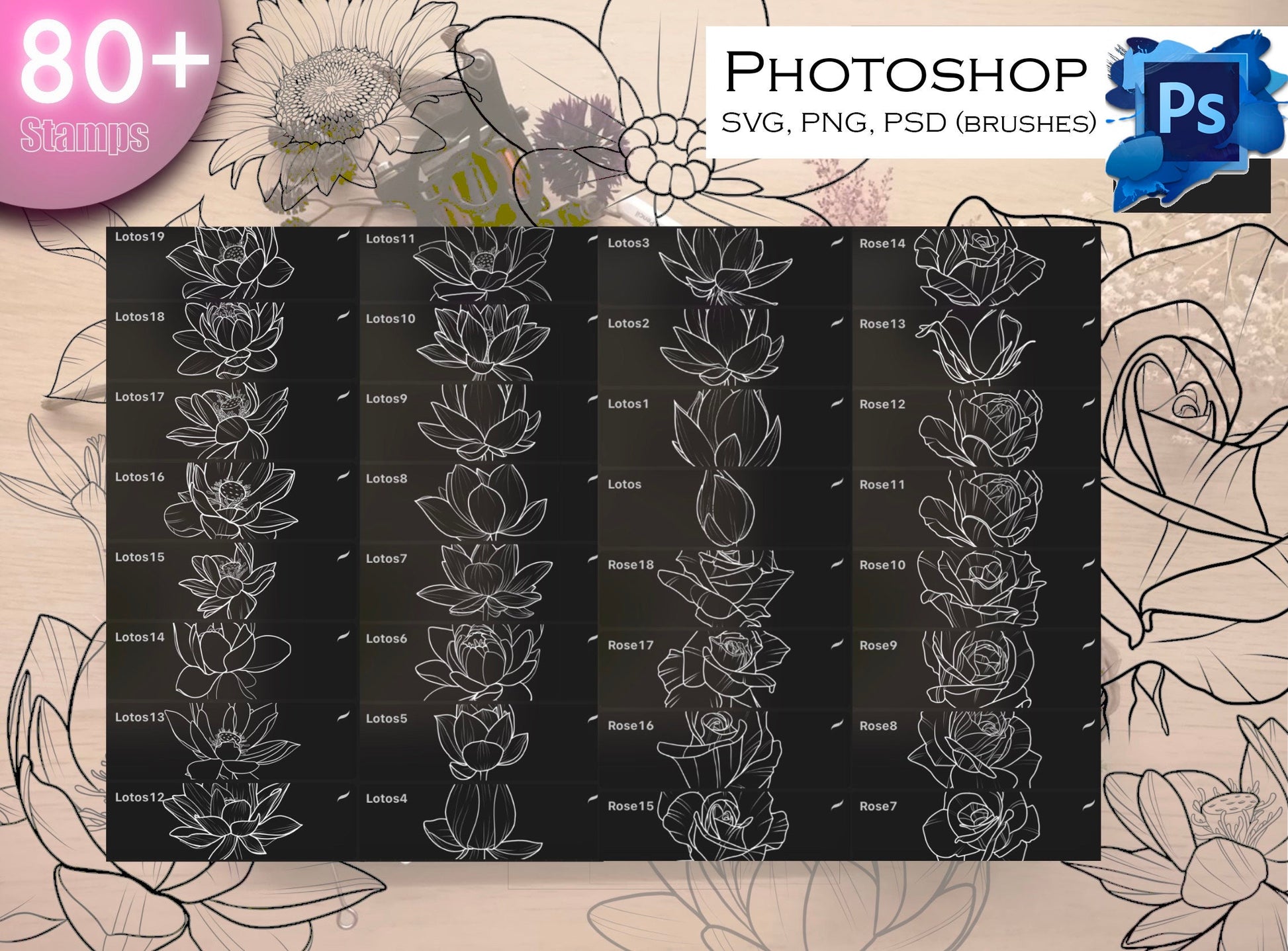 80+ Flowers SVG, PNG, PSD (brushes) SUPer !! Must have for graphic designers, tattooers ( A lot of Beautiful flowers and leafs).