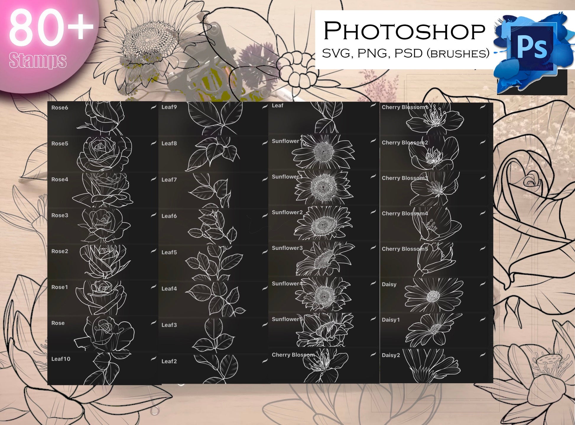 80+ Flowers SVG, PNG, PSD (brushes) SUPer !! Must have for graphic designers, tattooers ( A lot of Beautiful flowers and leafs).