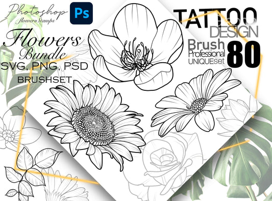 80+ Flowers SVG, PNG, PSD (brushes) SUPer !! Must have for graphic designers, tattooers ( A lot of Beautiful flowers and leafs).