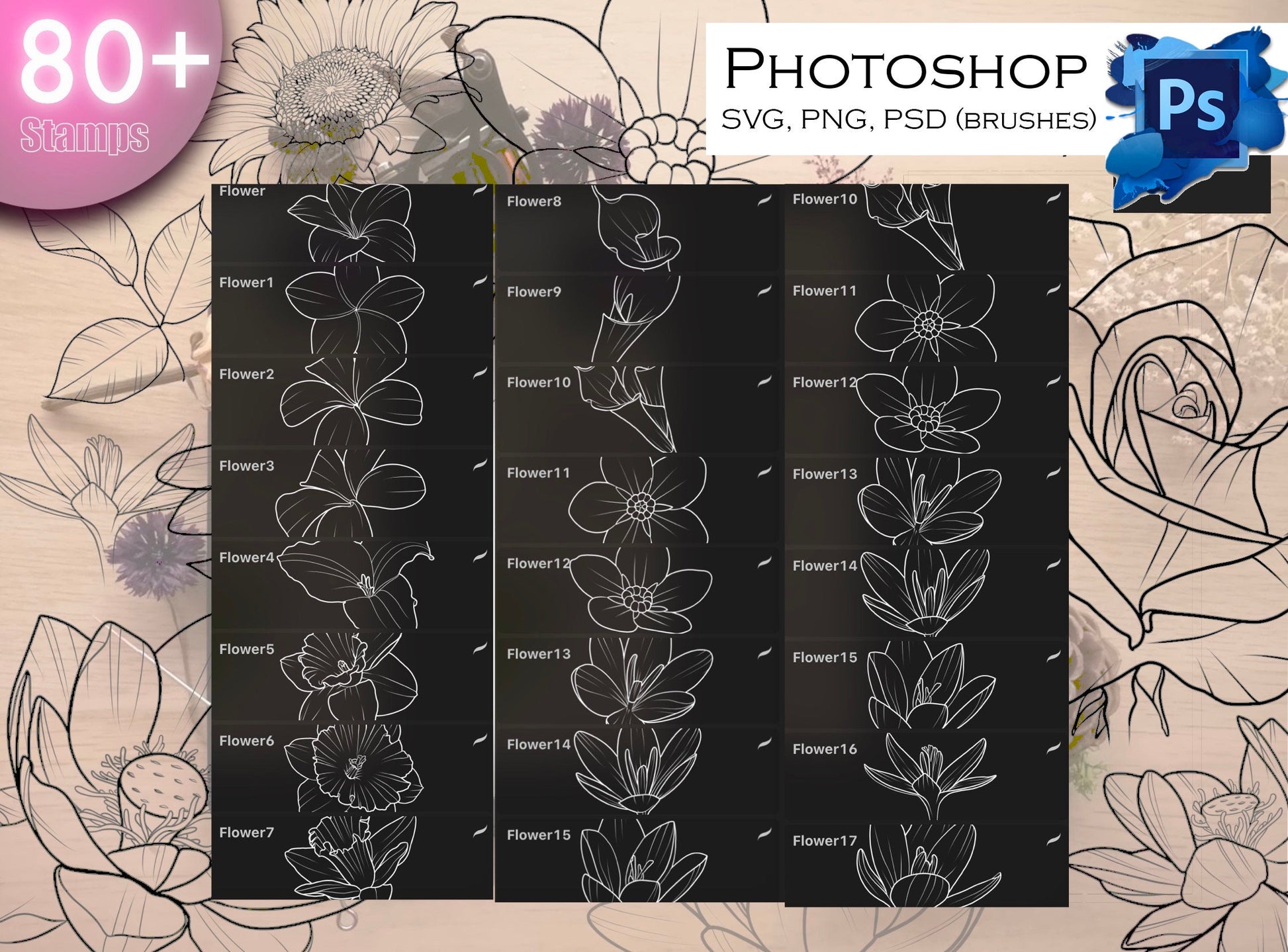 80+ Flowers SVG, PNG, PSD (brushes) SUPer !! Must have for graphic designers, tattooers ( A lot of Beautiful flowers and leafs).