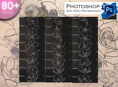 80+ Flowers SVG, PNG, PSD (brushes) SUPer !! Must have for graphic designers, tattooers ( A lot of Beautiful flowers and leafs).