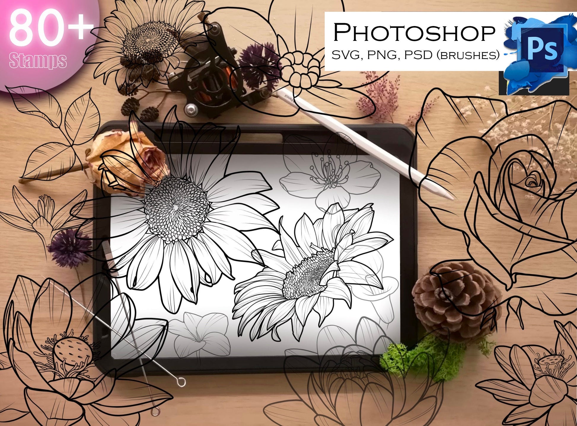 80+ Flowers SVG, PNG, PSD (brushes) SUPer !! Must have for graphic designers, tattooers ( A lot of Beautiful flowers and leafs).