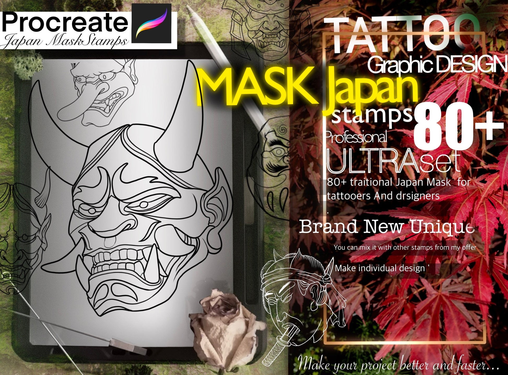 80+ MASK Japan Traditional stamps for Procreate ULTRA Set !! Must have for tattooers ( You can make full composition)