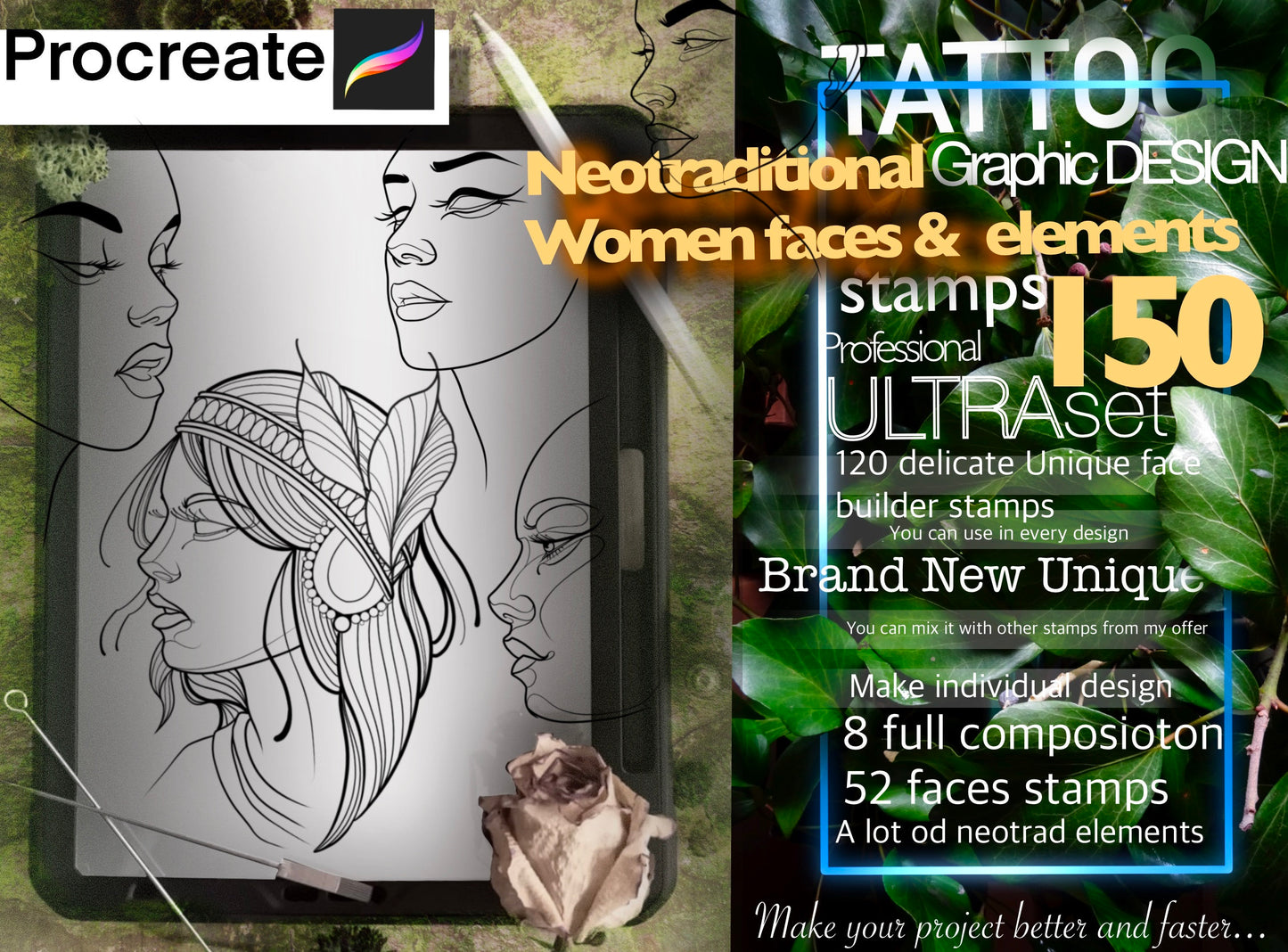 150 Neotraditional Women Face builder for procreate !! Must have for tattooers ( You can make full composition)FOR PROCREATE APP.