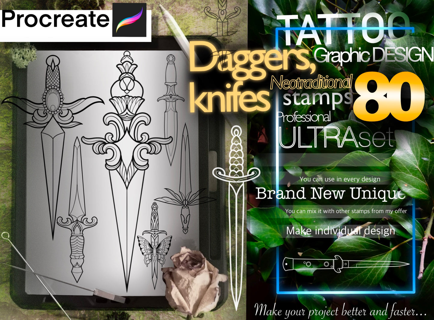 80 Neotraditional Dagger and Knife for procreate !! Must have for tattooers ( You can make full composition)FOR PROCREATE APP.