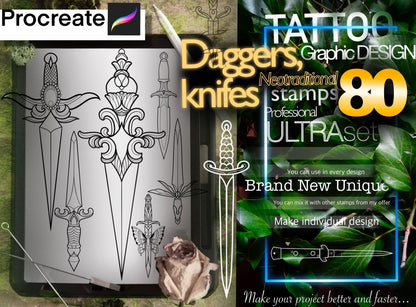 80 Neotraditional Dagger and Knife for procreate !! Must have for tattooers ( You can make full composition)FOR PROCREATE APP.