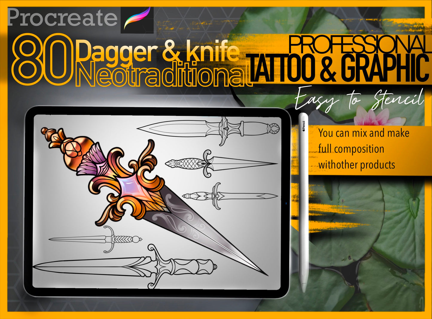 80 Neotraditional Dagger and Knife for procreate !! Must have for tattooers ( You can make full composition)FOR PROCREATE APP.