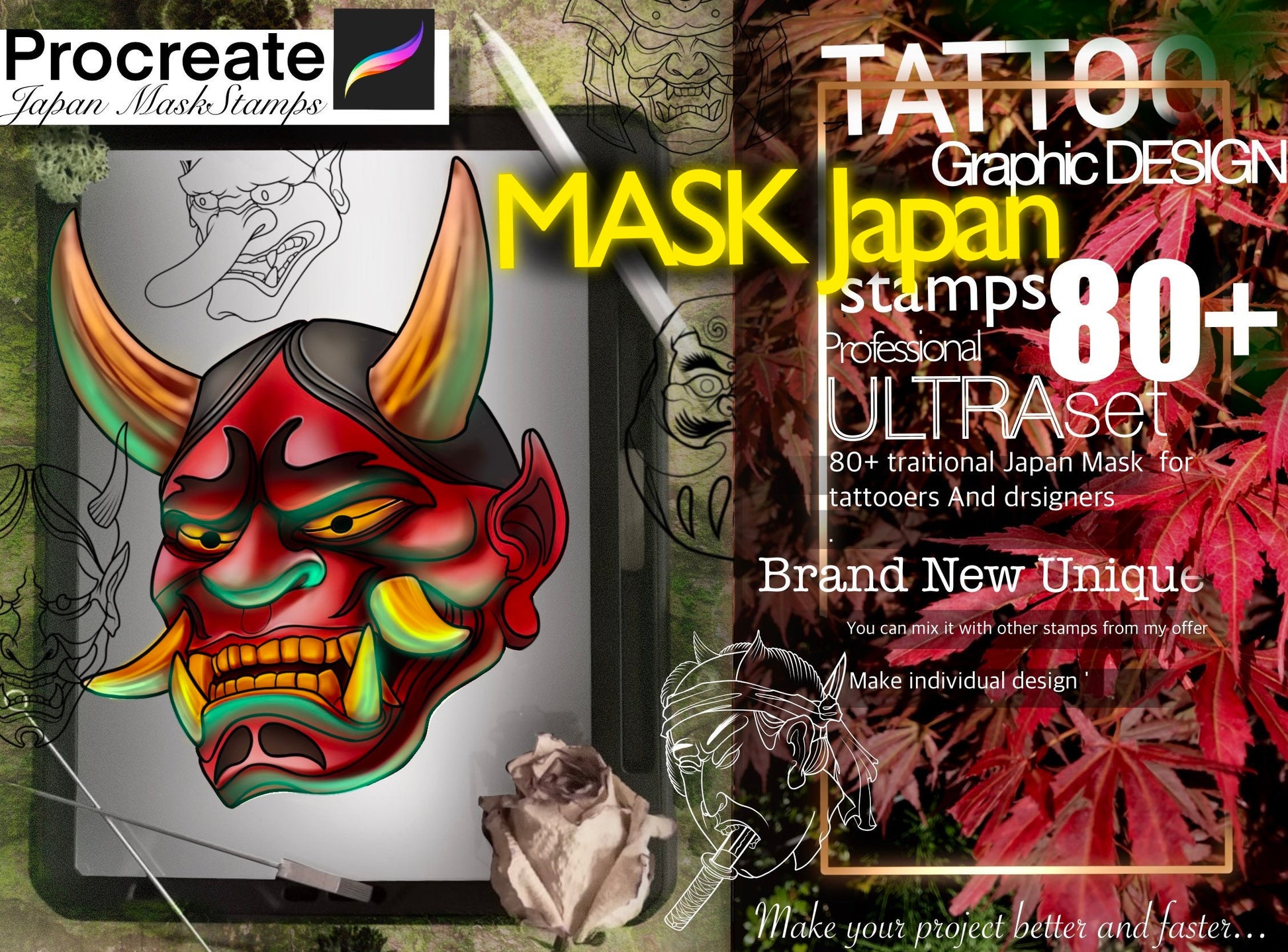 80+ MASK Japan Traditional stamps for Procreate ULTRA Set !! Must have for tattooers ( You can make full composition)