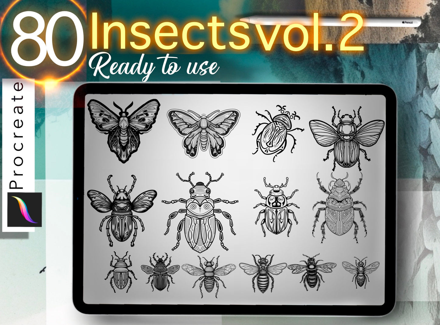 Unique 80 Insects Stamps for PROCREATE! Tattoo and design !! ready to print stencil