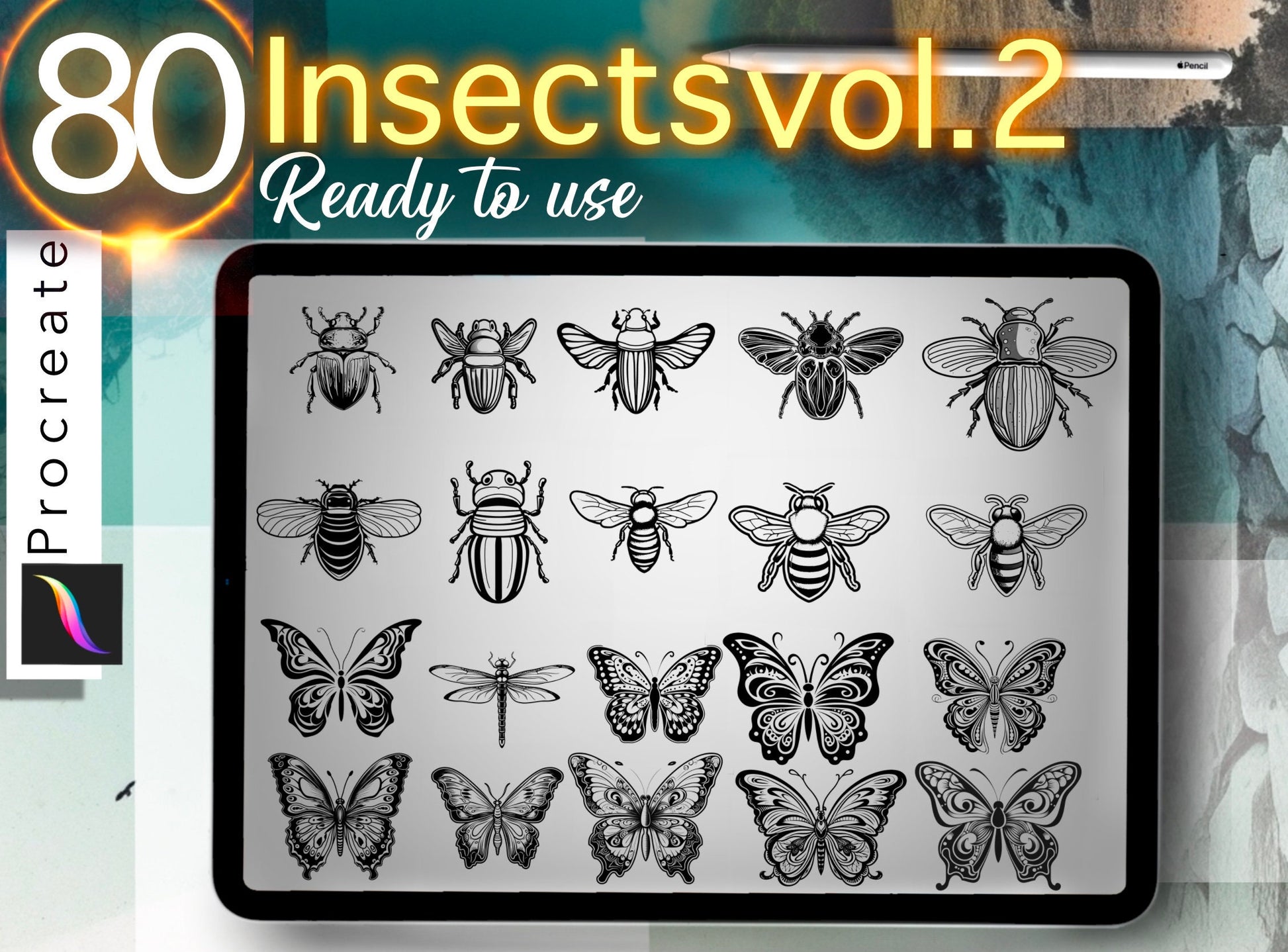 Unique 80 Insects Stamps for PROCREATE! Tattoo and design !! ready to print stencil