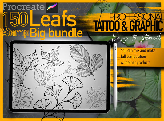 150 Leafs Incredible Professional Big Bundle hand drawn for procreate !! for tattooers( You can make full composition)FOR PROCREATE APP.