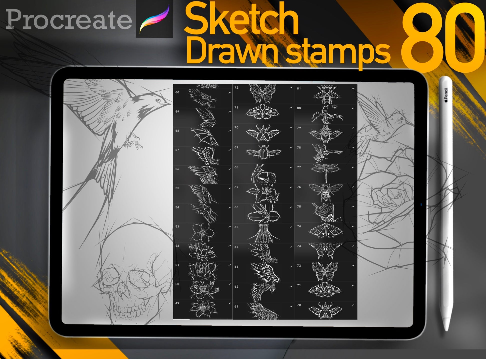 80 Sketch TATTOO vol.1 Designs ready to use stamps for Procreate ULTRA Set !! Must have for tattooers ( You can make full composition)