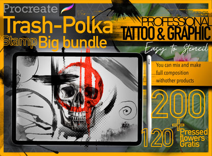 200 Trash polka + 120 pressed flowers(gratis) Designs ready to use stamps for Procreate ULTRA Set !! Must have for tattooers