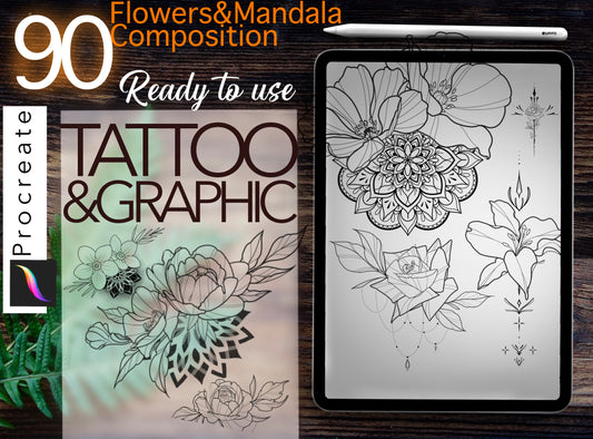 90 Flowers&mandalas designs ready for use for procreate !! for tattooers( You can make full composition)FOR PROCREATE APP.